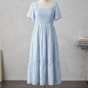 Light Blue Smocked Square-Neck Tiered Midi Dress